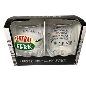 NWT Friends Themed two curved table glass cups wine drinks